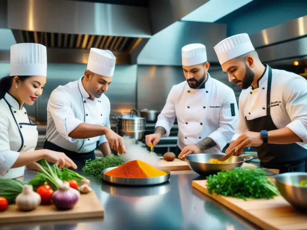 Una cocina moderna y bulliciosa donde chefs de diversas culturas preparan platos en armonía