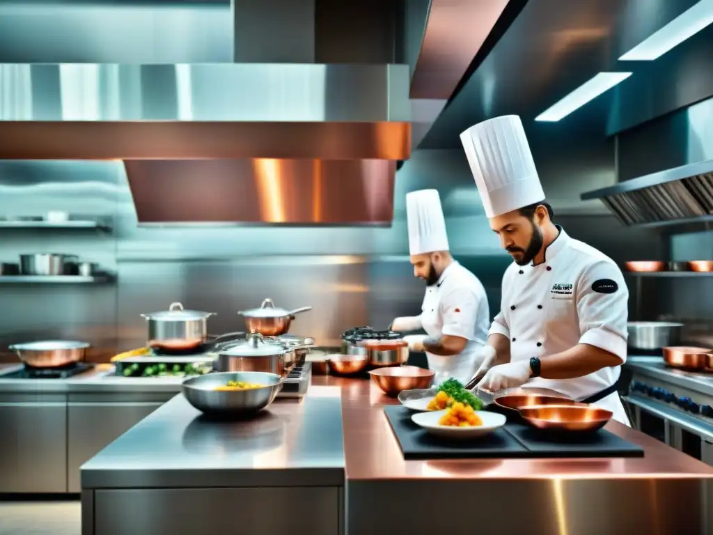 Una cocina moderna y bulliciosa con chefs profesionales en uniformes blancos y altos sombreros trabajando en armonía