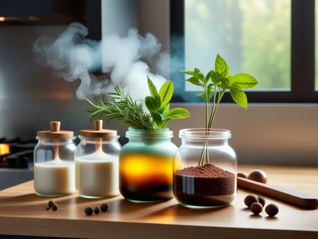 Una cocina moderna con chocolates artesanales con infusiones sorprendentes, hierbas y especias coloridas en frascos de vidrio