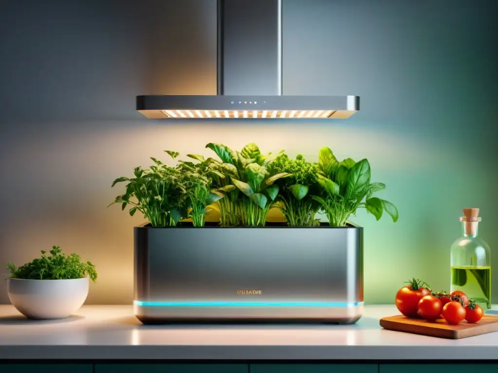 Cocina moderna con cultivo hidropónico gourmet en casa: hierbas y verduras crecen en elegantes recipientes de vidrio bajo cálida luz ambiental