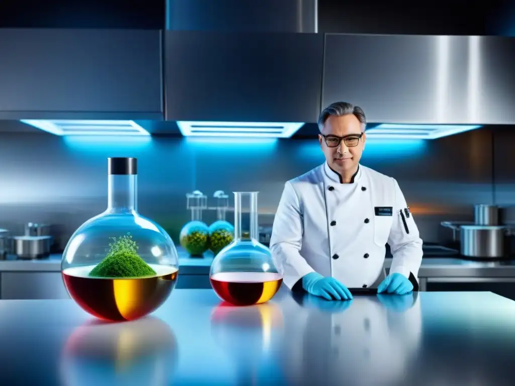 Una cocina de gastronomía molecular moderna y detallada, fusionando ciencia y gourmet con chefs innovadores bajo una iluminación estéril