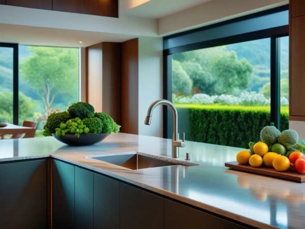 Una cocina moderna y elegante con ingredientes gourmet frescos, ventana con vista a un jardín