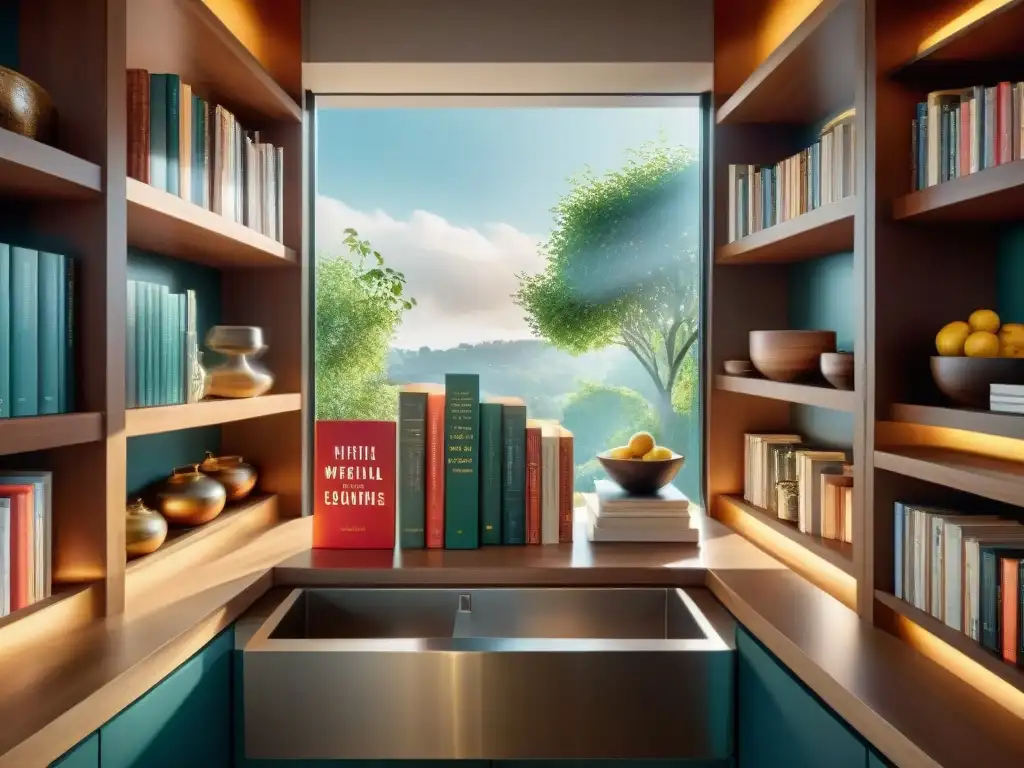 Una cocina moderna con estantes llenos de libros de cocina de chefs renombrados