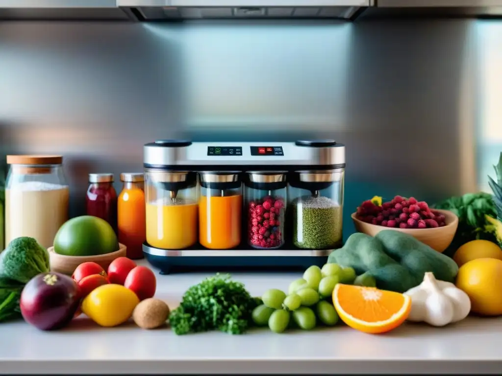 Una cocina moderna con frutas y verduras frescas, desidratador de alimentos casero y botes de cristal para almacenaje