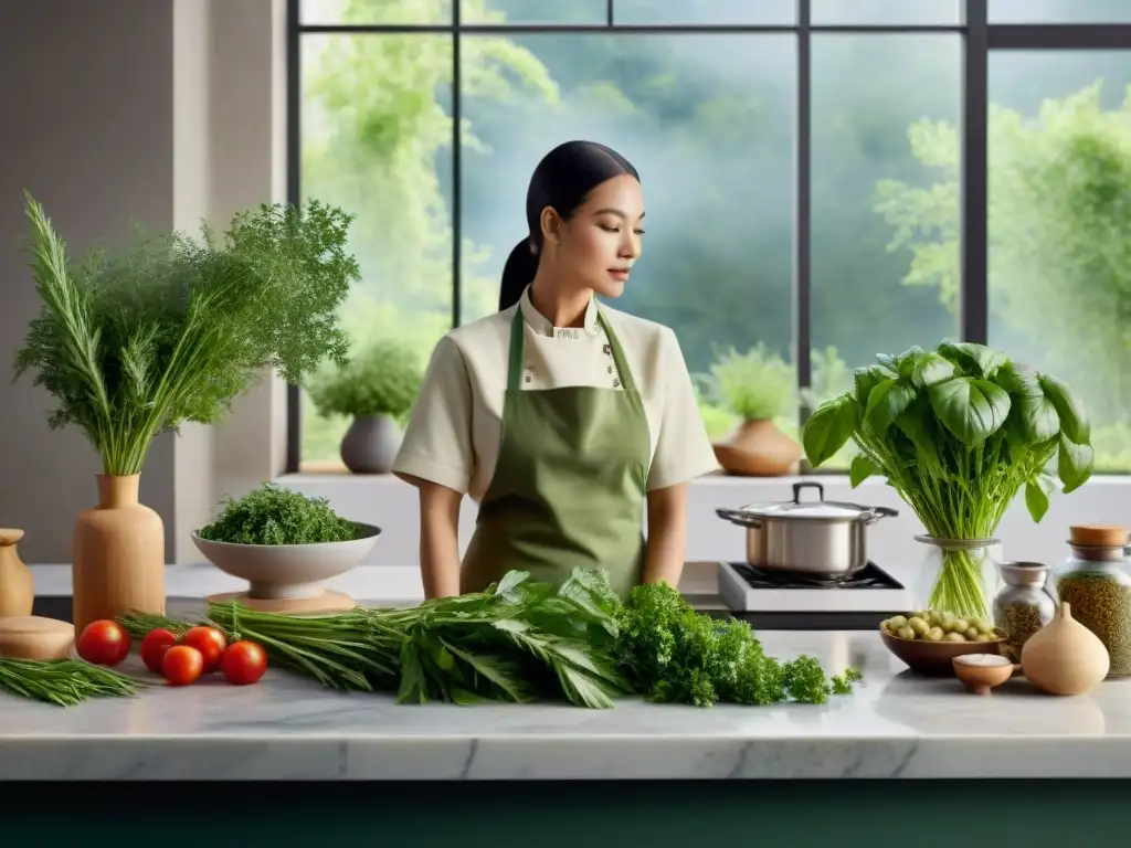 Una cocina moderna con hierbas frescas en un elegante mostrador de mármol, fusionando beneficios de hierbas en la cocina contemporánea