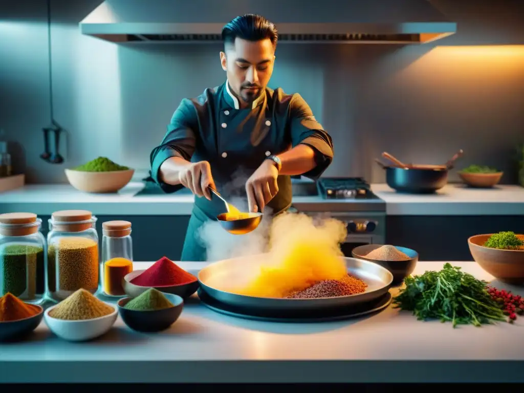 Una cocina moderna fusiona ingredientes étnicos con tecnología culinaria, representando innovación en cocina tradicional