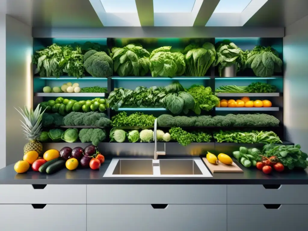 Una cocina moderna inundada de productos frescos y coloridos de agricultura vertical