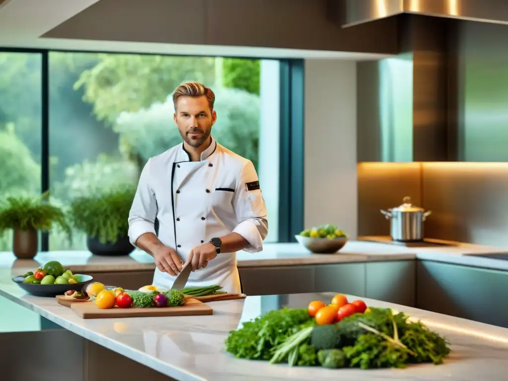 Una cocina moderna de lujo con chef preparando plato gourmet