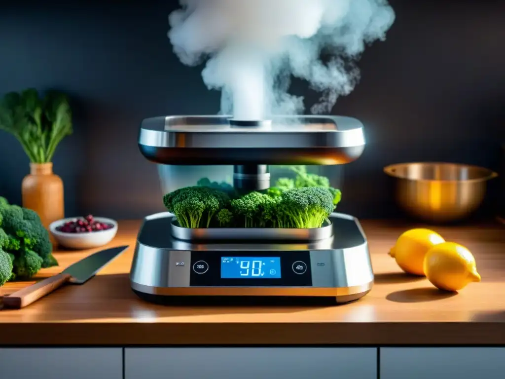 Cocina moderna con máquina sous vide, ingredientes al vacío y utensilios de precisión, creando una atmósfera culinaria de alta tecnología