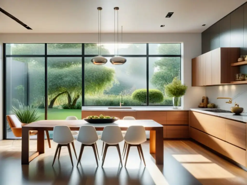 Moderna cocina de lujo con vistas al jardín Una cocina moderna con toques tradicionales, bañada en luz natural con vista a un exuberante jardín