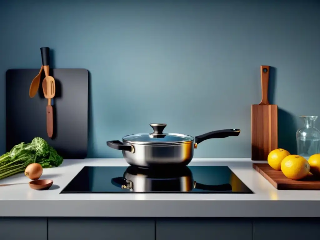 Una cocina moderna con utensilios de cocina innovadores gourmet en un elegante mostrador brillante