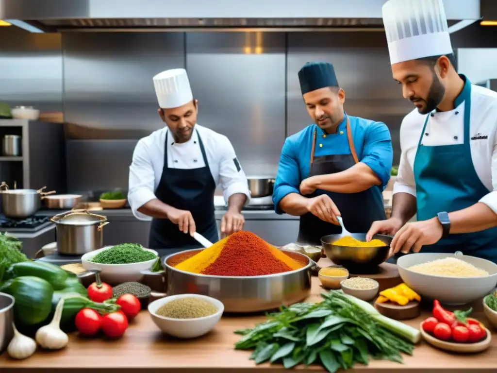 Cocina multicultural: chefs fusionando sabores del mundo Una cocina multicultural llena de vida y creatividad, donde chefs de diversas etnias colaboran con ingredientes únicos de todo el mundo