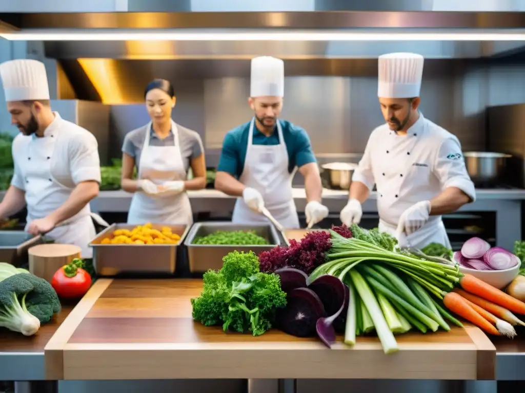 Cocina de restaurante activa con chefs trabajando en equipo, enfocados en la sostenibilidad