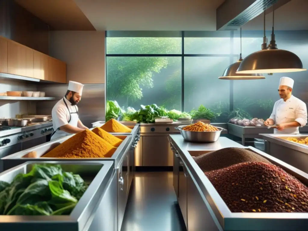 Cocina de restaurante bulliciosa con chefs en uniformes blancos separando desechos en contenedores de compostaje