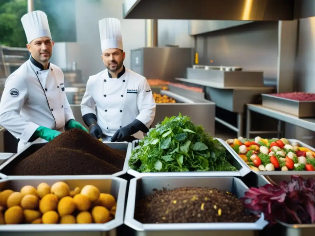 Cocina de restaurante con chefs separando desechos en compostaje