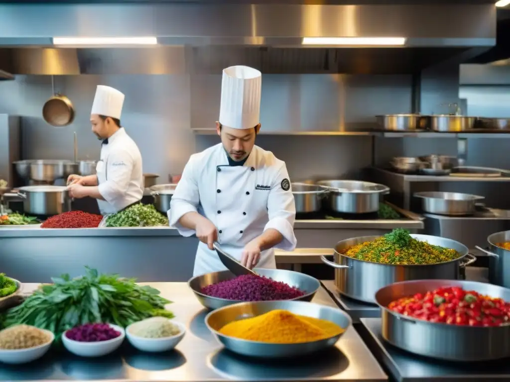 Cocina de restaurante con chefs en acción, platos elegantes y compostaje en restaurantes gourmet