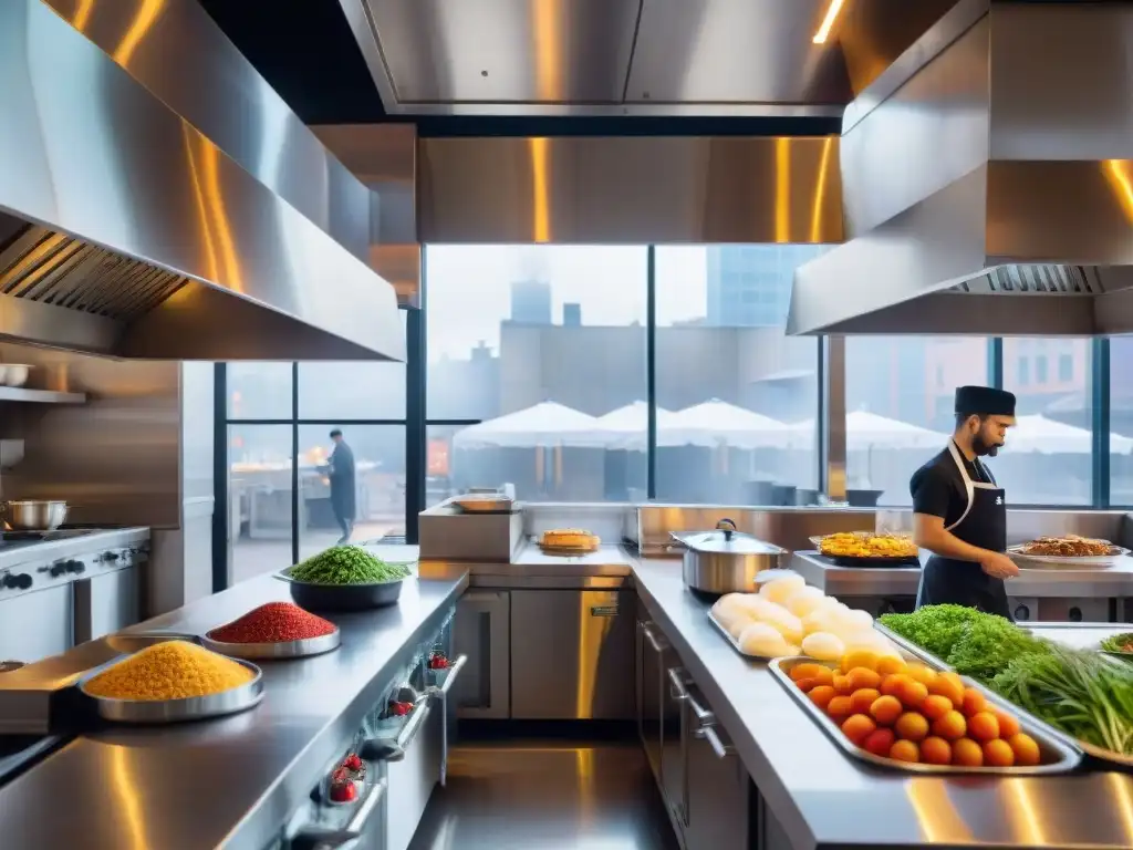 Cocina de restaurante urbano vibrante con chefs y servidores en movimiento