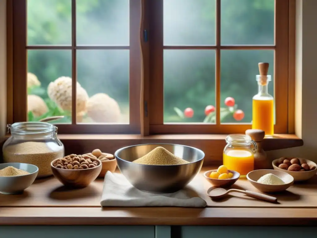 Una cocina rústica llena de ingredientes orgánicos para hornear, con luz natural y utensilios vintage