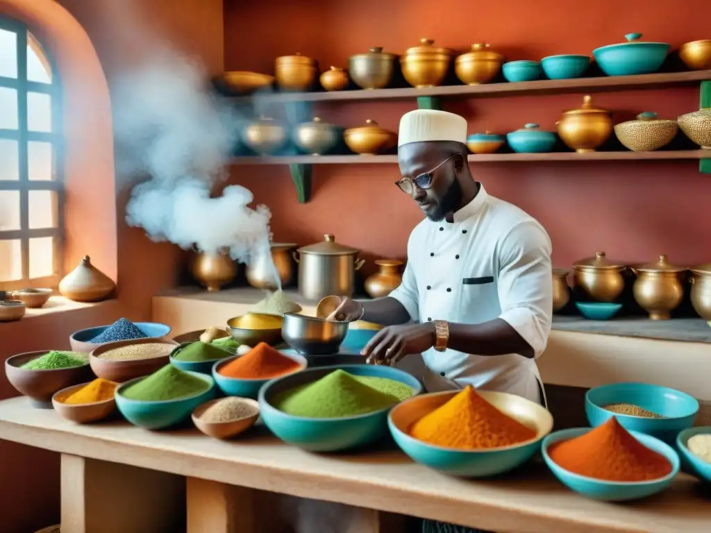 Una cocina senegalesa llena de vida y color, donde chefs preparan platos auténticos