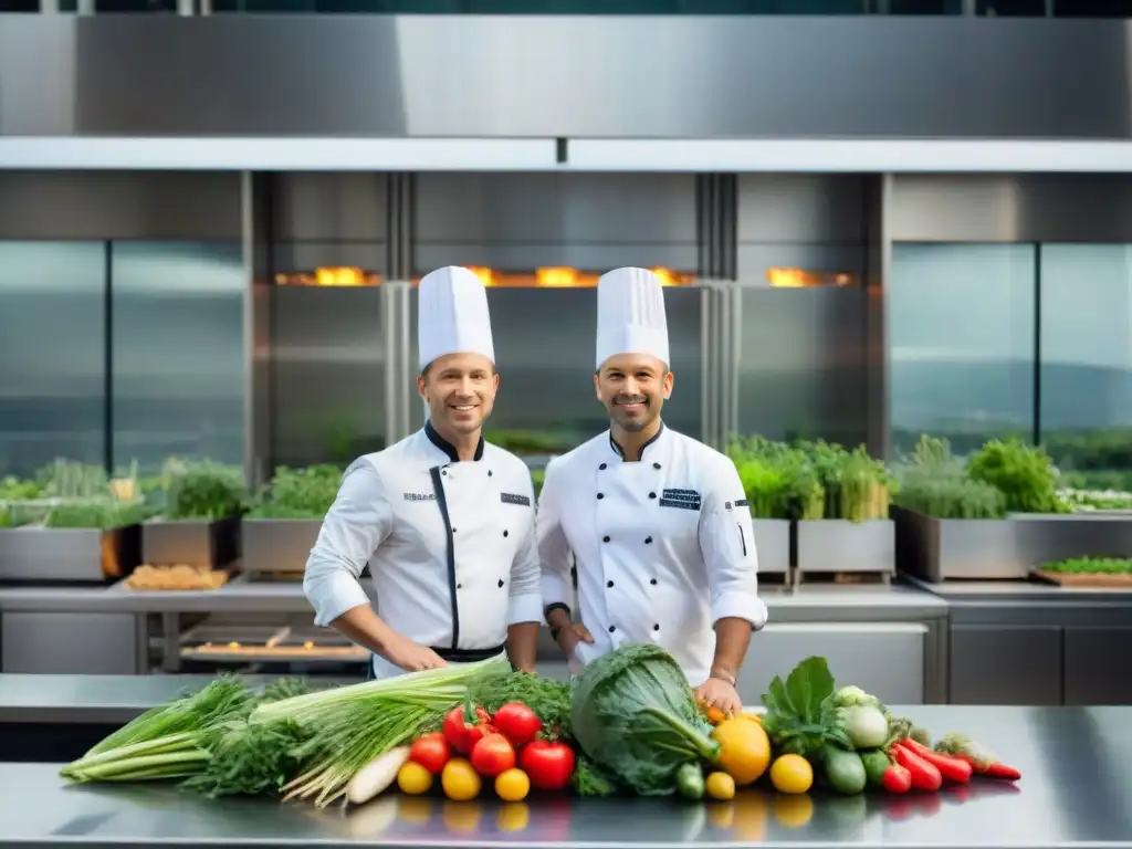 Cocina de alta gastronomía sostenible con chefs usando ingredientes orgánicos, mostrando precisión y arte culinario