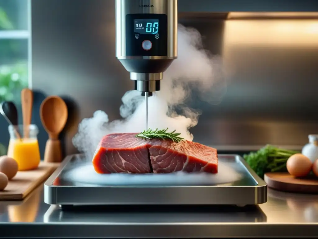 Cocina Sous Vide a baja temperatura: Máquina moderna en cocina profesional con utensilios, termómetro digital y bolsas al vacío