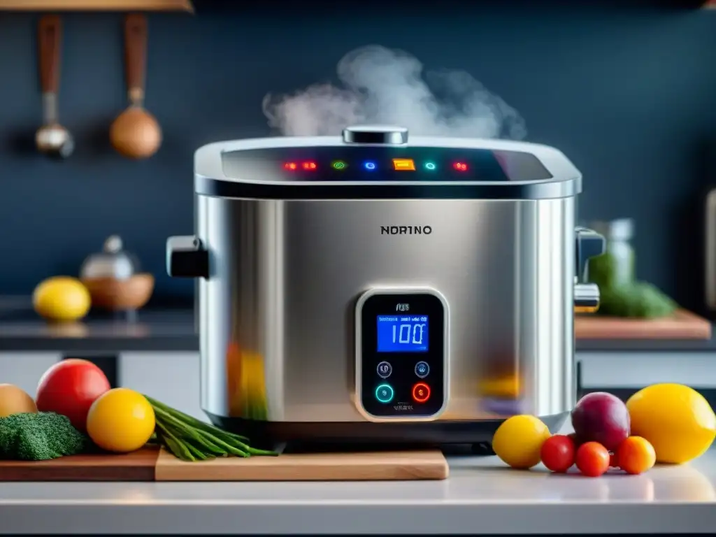 Una cocina Sous Vide a baja temperatura, moderna y elegante, lista para cocinar ingredientes vibrantes en un ambiente de anticipación culinaria