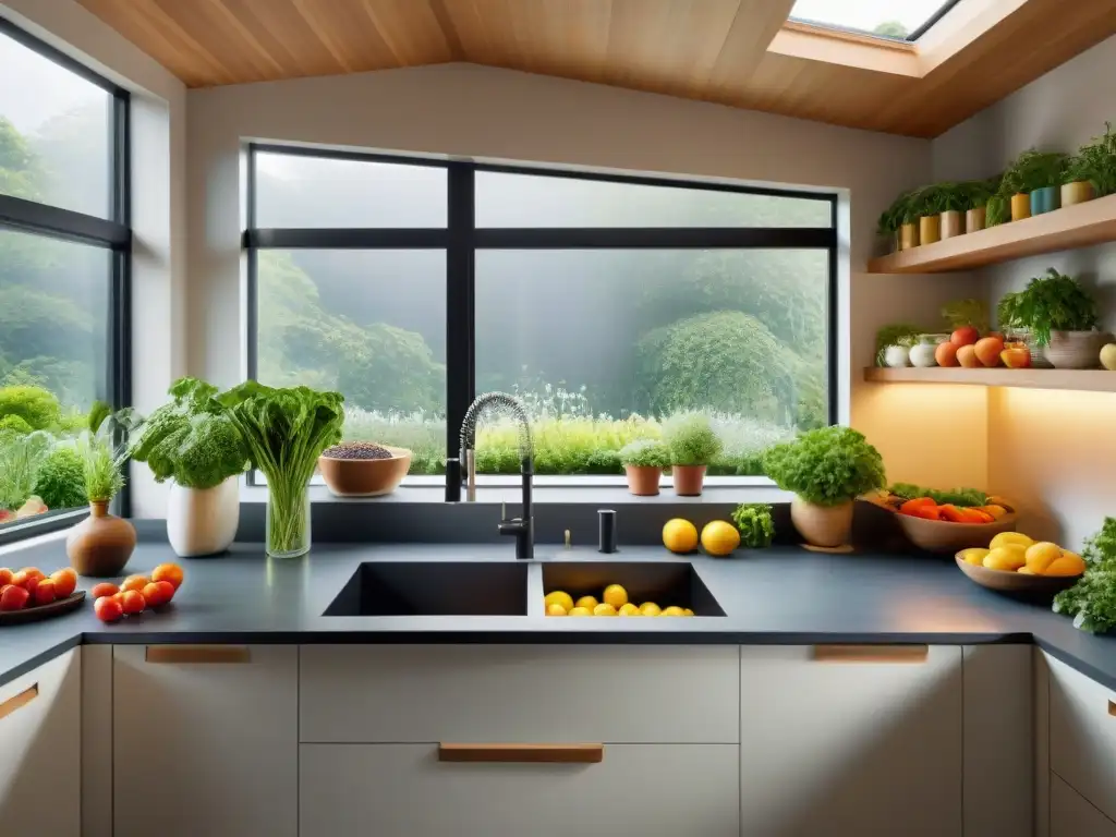 Una cocina sustentable llena de elementos ecoamigables y coloridos, con luz natural y plantas