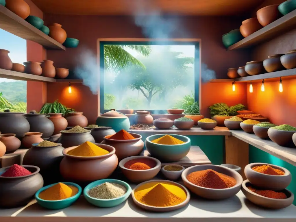 Una cocina Swahili tradicional rebosante de actividad, con especias coloridas y chefs preparando recetas gourmet