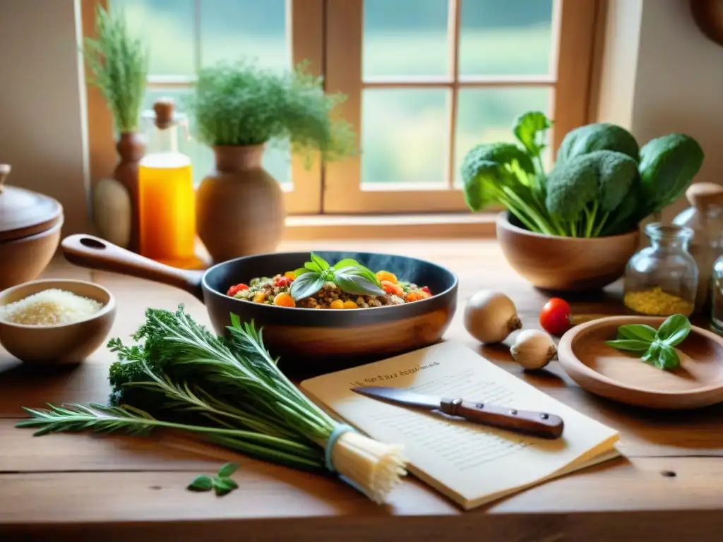 Un rincón de cocina tradicional con utensilios, ingredientes frescos y recetario artesanal iluminado por la luz del sol