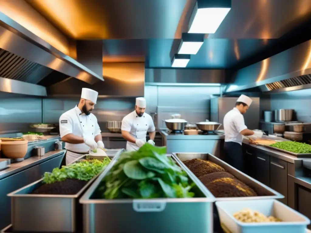 Cocina urbana llena de chefs y camareros ocupados en compostaje mientras clientes disfrutan