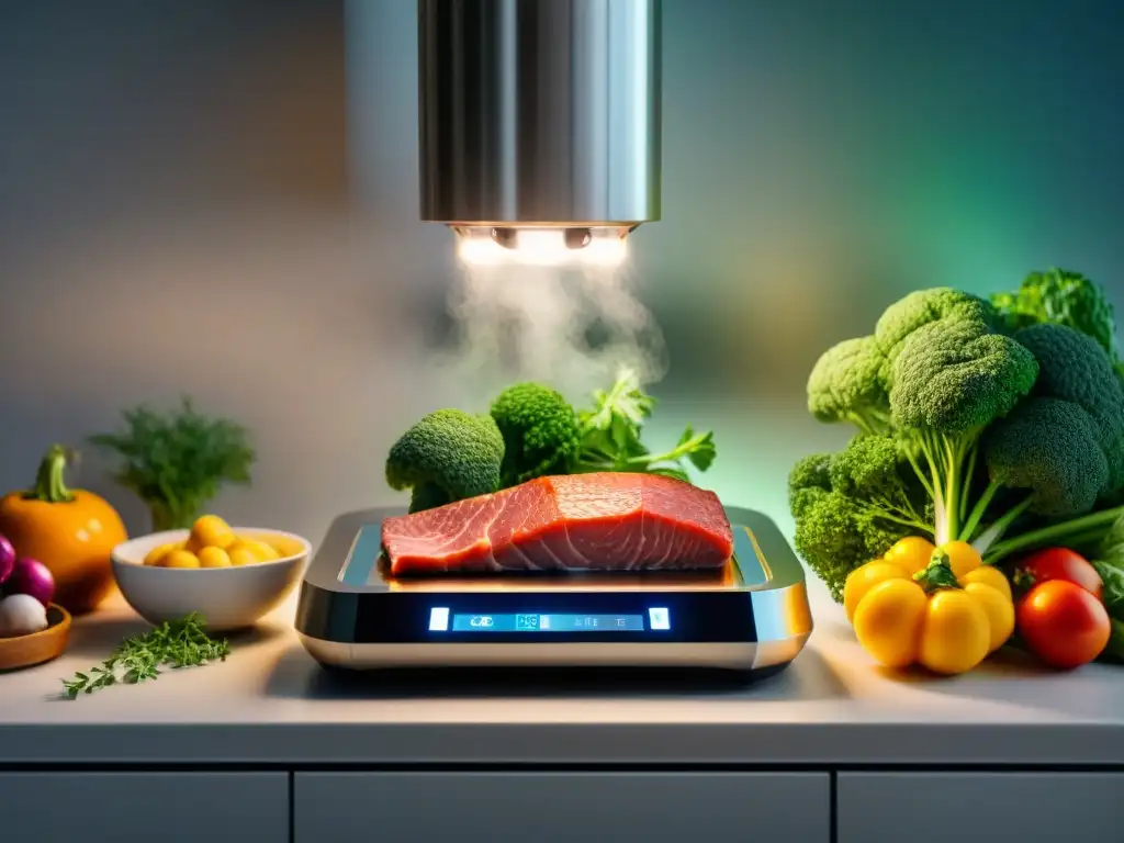 Una cocina al vacío futurista del 2023 con máquina sous vide y ingredientes sellados al vacío