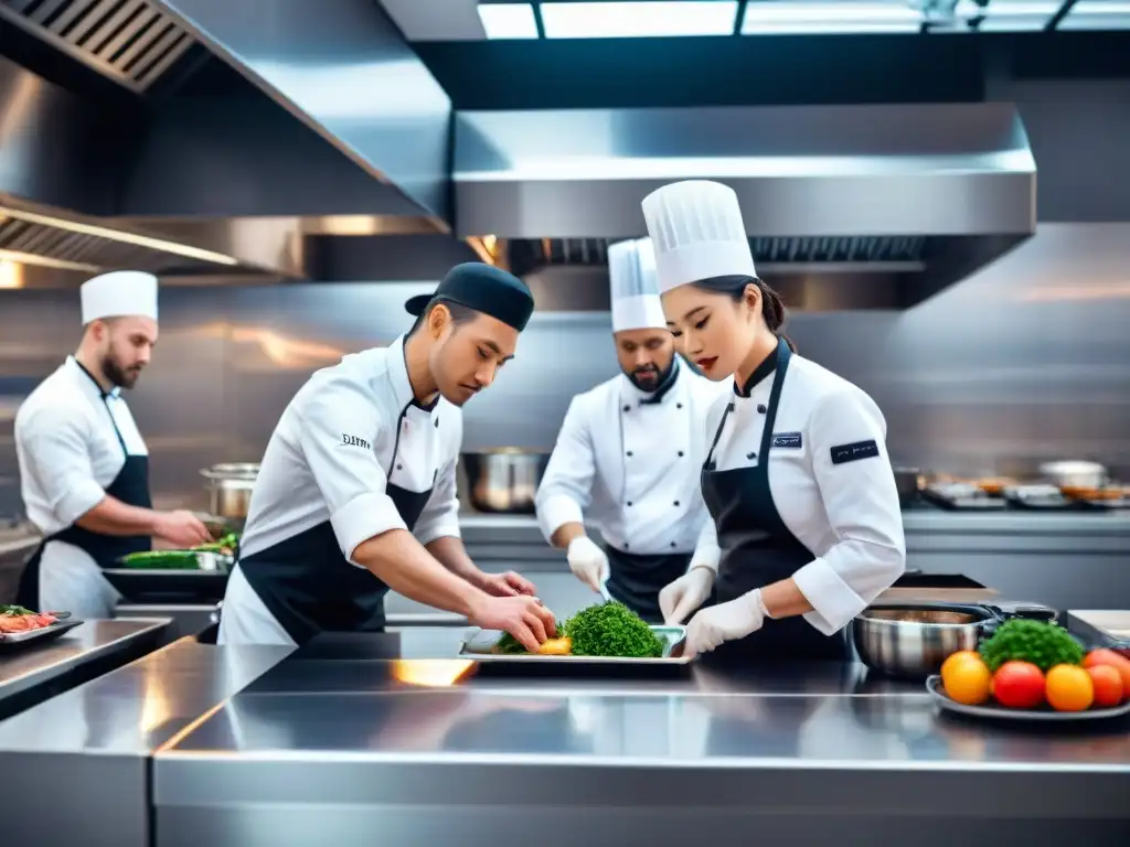 Una cocina al vacío de alta gastronomía: chefs preparan platos con precisión y cuidado, rodeados de equipamiento de última generación