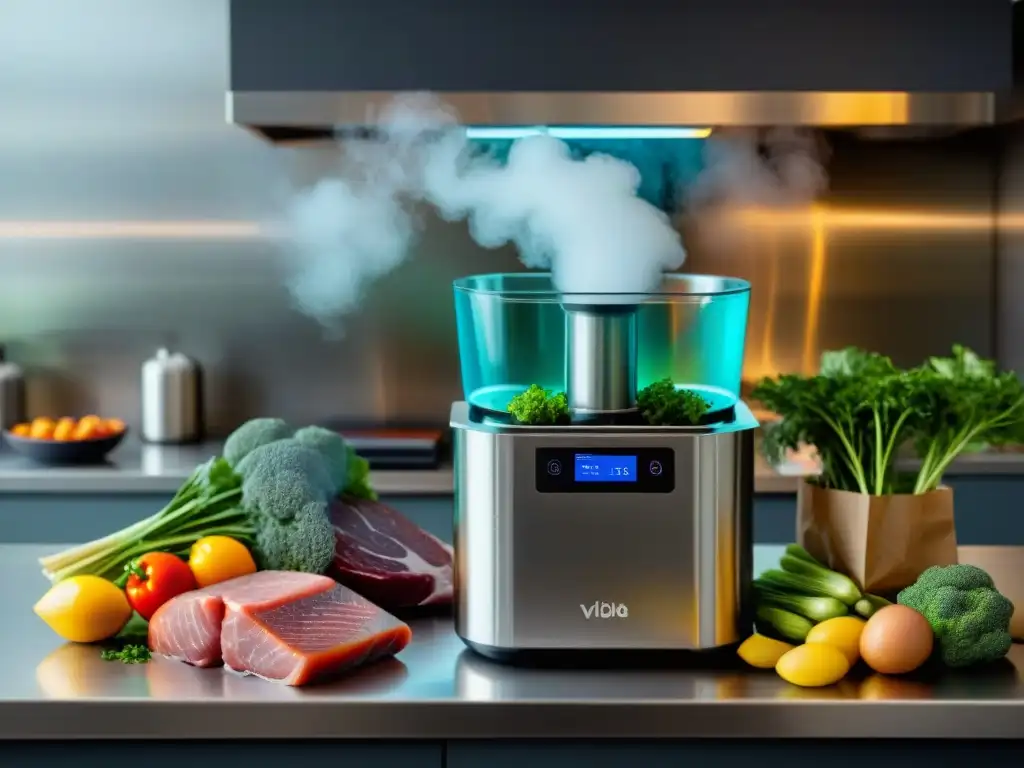 Cocina al Vacío Sous Vide: Imagen detallada de máquina moderna en cocina profesional, ingredientes coloridos y vapor