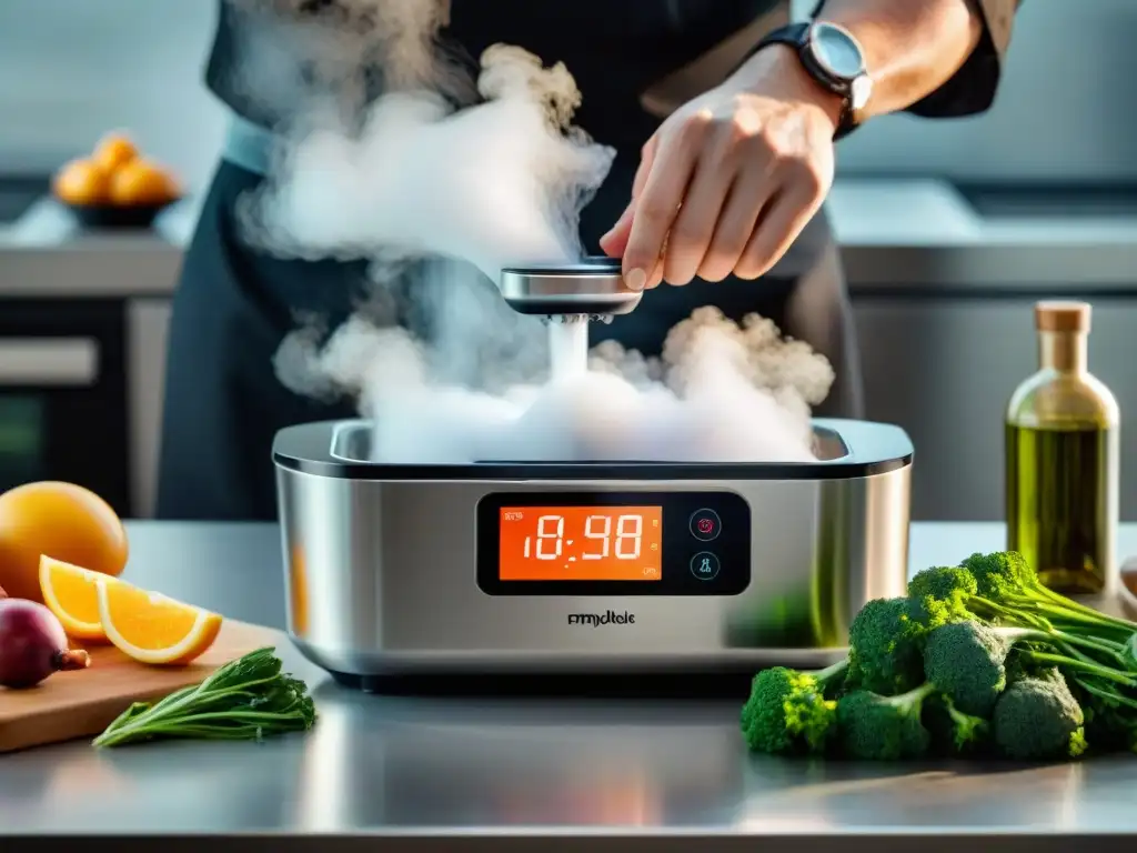 Cocina al Vacío Sous Vide: Imagen hiperrealista de una máquina moderna en una cocina impecable, transmitiendo precisión y sofisticación