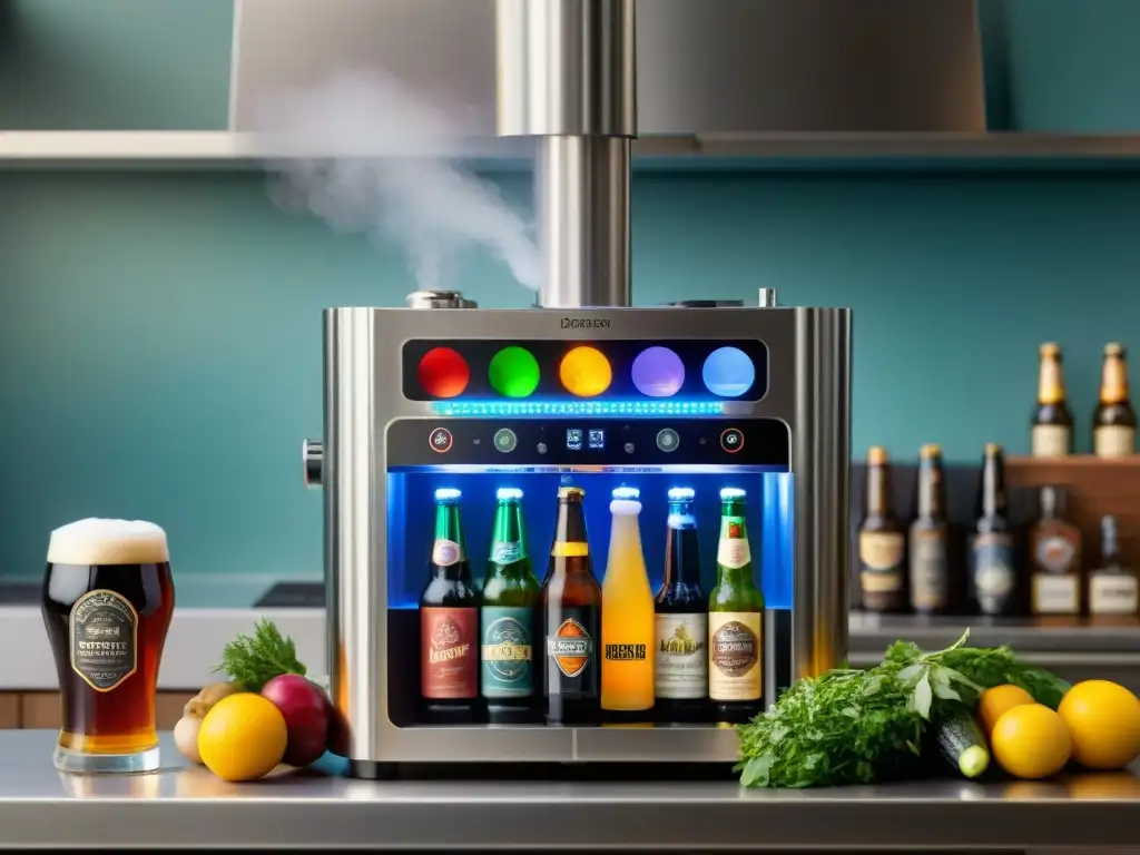 Una cocina al vacío maridaje cervezas: máquina sous vide rodeada de botellas de cerveza artesanal con etiquetas coloridas