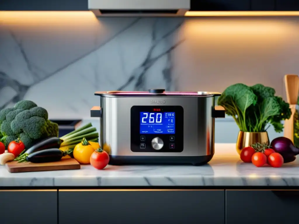 Cocina al vacío de alta gastronomía: moderno set profesional con máquina sous vide, selladoras al vacío y utensilios de precisión en elegante cocina