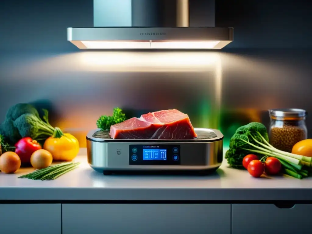 Una cocina al vacío Sous Vide de alta tecnología en un entorno profesional con ingredientes frescos y coloridos