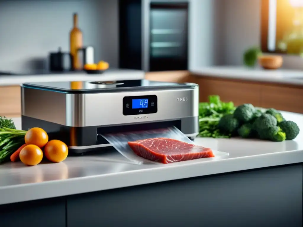 Cocina al vacío tendencias 2023: Máquina selladora de alimentos en cocina profesional con ingredientes ordenados y pantalla digital detallada