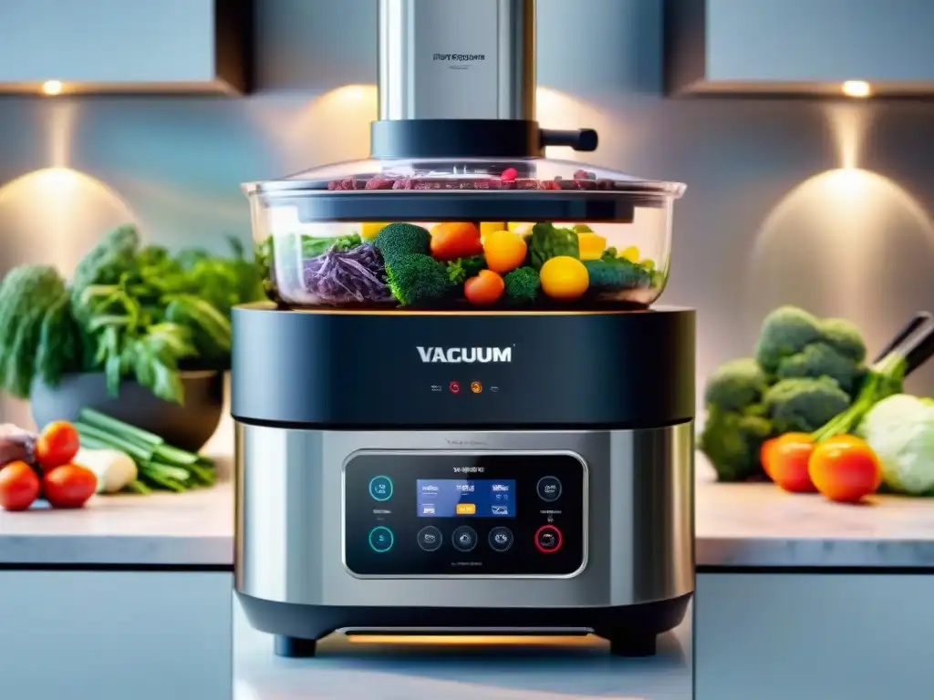 Cocina al vacío tendencias 2023: Máquina moderna en cocina profesional con vegetales frescos y carne en una encimera de acero inoxidable