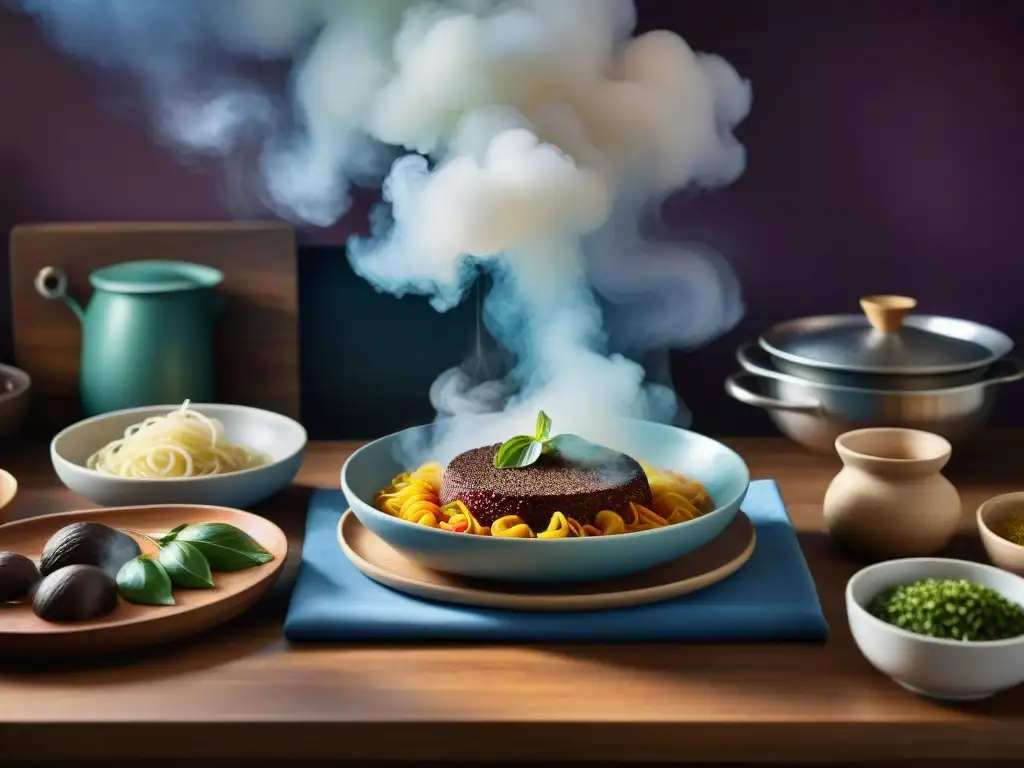 Una cocina vibrante inspirada en películas gastronómicas: mesa rústica rebosante de platos coloridos como Ratatouille, ramen de Tampopo, pastel de Chocolat y especias, bañada en cálida luz