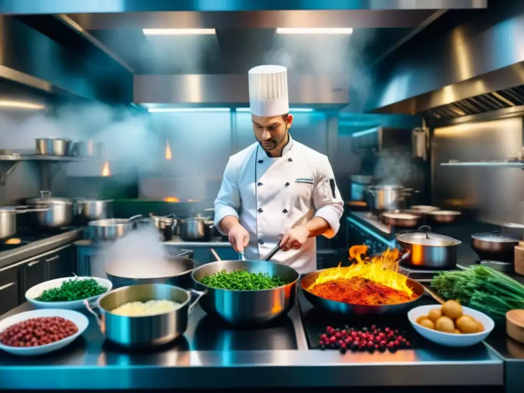 Cocina vibrante de película gastronómica con chefs en acción y llamas en la estufa