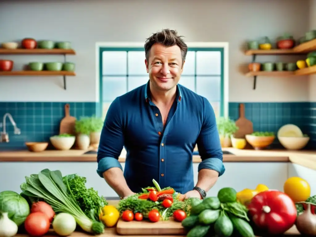 Jamie Oliver en su cocina vibrante, rodeado de ingredientes frescos