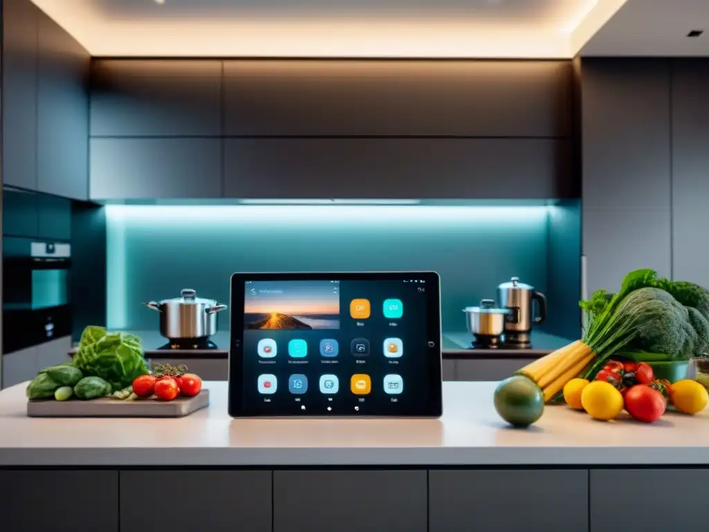 Cocinas inteligentes y gadgets: cocina futurista con dispositivos conectados y app culinaria en tablet