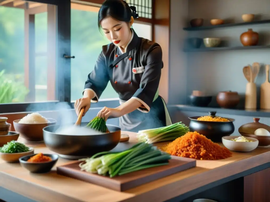 Un cocinero coreano en un ambiente cálido y acogedor preparando ingredientes para una receta con sabores audaces cocina coreana