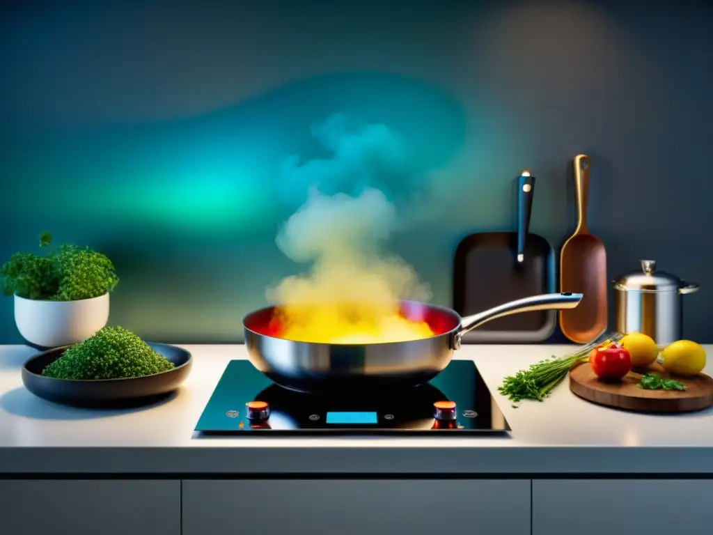 Un cocinero experto prepara ingredientes innovadores en una cocina moderna con utensilios de alta tecnología y alimentos coloridos