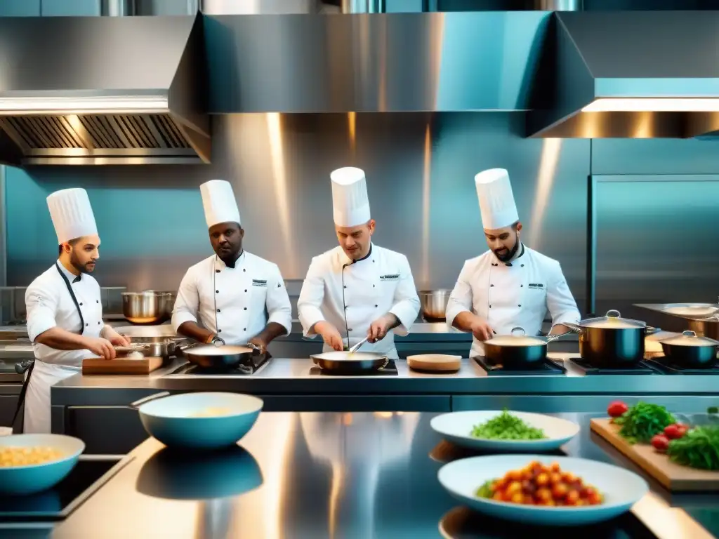 Cocineros expertos en acción junto a moderno equipo de cocina