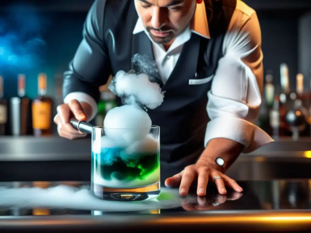 Un cocktail de gastronomía molecular se prepara con precisión y estilo en un bar moderno