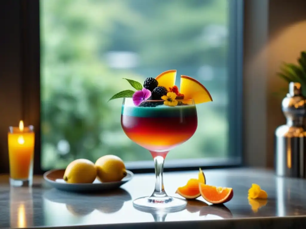 Un coctel de desayuno gourmet exquisitamente adornado en un elegante vaso de cristal, sobre una mesa de mármol con cubiertos de diseño y luz matutina