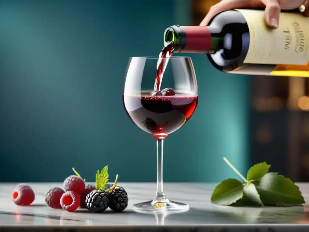 Un cóctel exclusivo con vinos, adornado con frutas y hierbas frescas, sobre un elegante mostrador de mármol