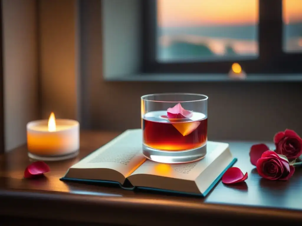 Coctel gourmet sobre libro vintage con pétalos de rosa y luz de vela, elegancia e inspiración literaria